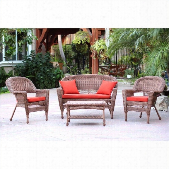 Jeco 4pc Wicker Conversation Set In Honey With Red Orange Cushions
