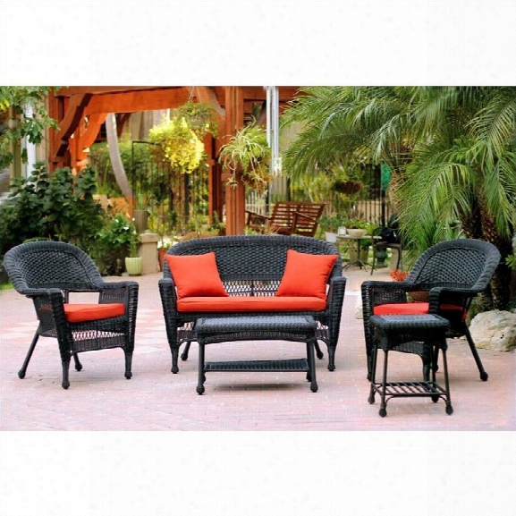 Jeco 5pc Wicker Conversation Set In Black With Red Orange Cushions