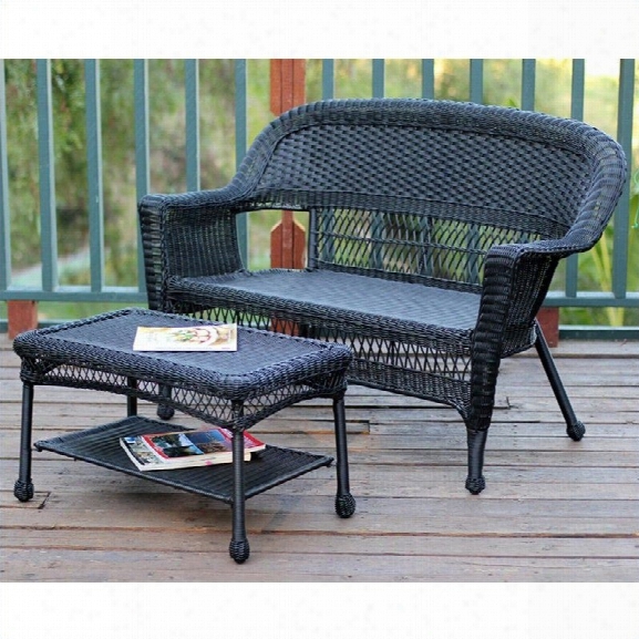 Jeco Wicker Patio Love Seat And Coffee Table Set In Black Without Cushion