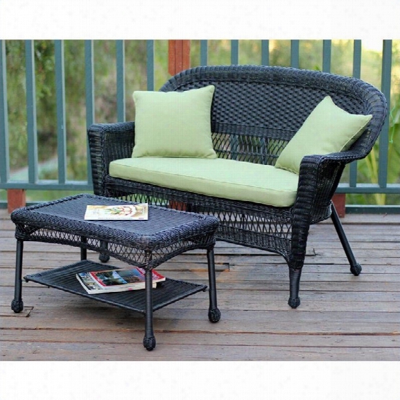 Jeco Wicker Patio Love Seat And Cofee Table Set In Black With Green Cushion