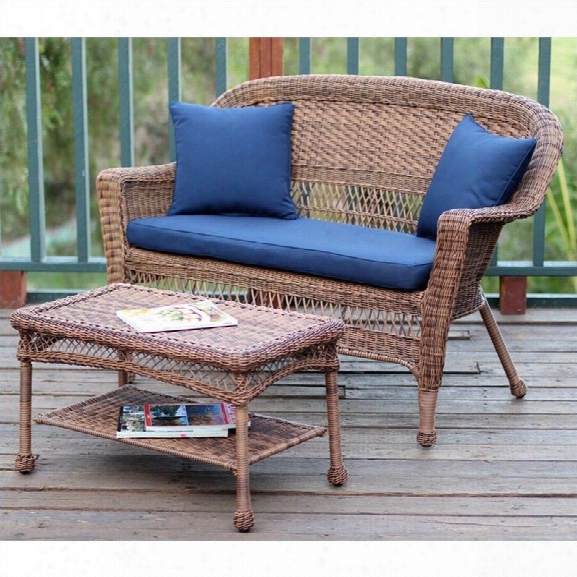 Jeco Wicker Patio Love Seat And Coffee Table Set In Honey With Blue Cushion