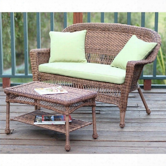 Jeco Wicker Patio Love Seat And Coffee Table Set In Honey With Green Cushion