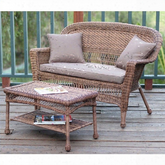 Jeco Wicker Patio Love Seat And Coffee Table Set In Honey With Brown Cushion