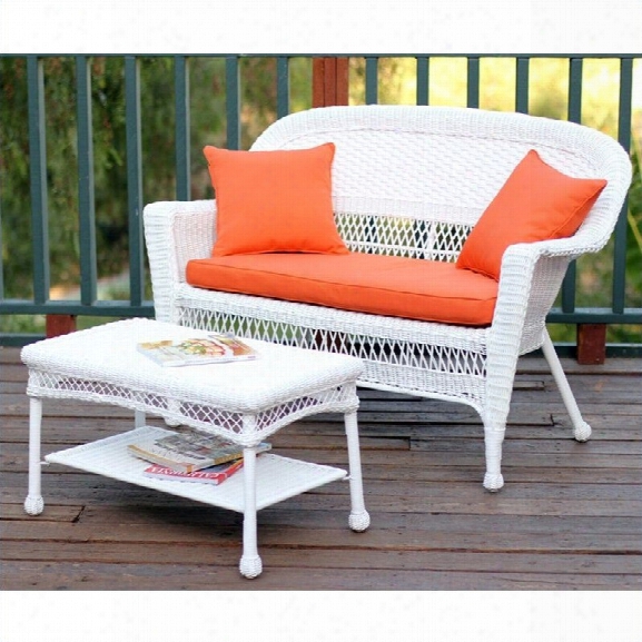 Jeco Wicker Patio Love Seat And Coffee Table Set In White With Orange Cushion