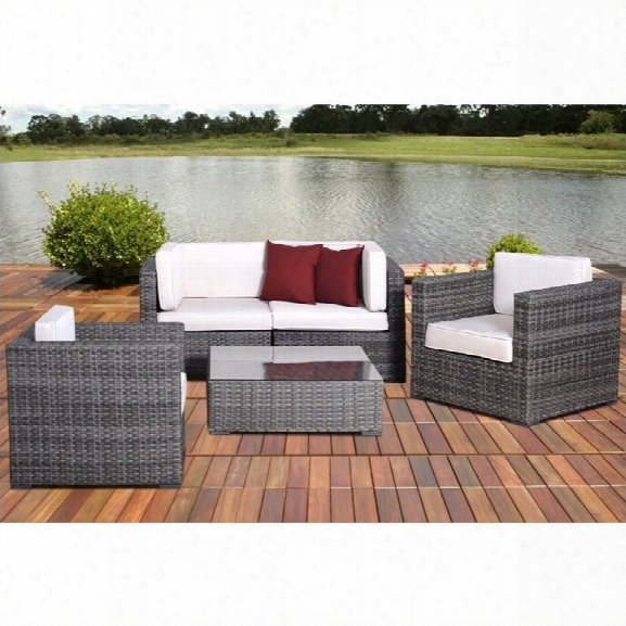 Metz 5 Pc Wicker Seating Set In Grey With Off-white Cushions