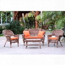 Jeco 4pc Wicker Conversation Set in Honey with Brick Orange Cushions