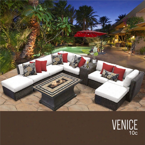 Tkc Venice 10 Piece Patio Wicker Fire Pit Sectional Set In White