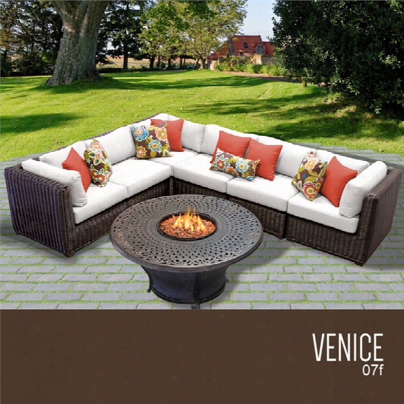 Tkc Venice 7 Piece Patio Wicker Fire Pit Sectional Set In White