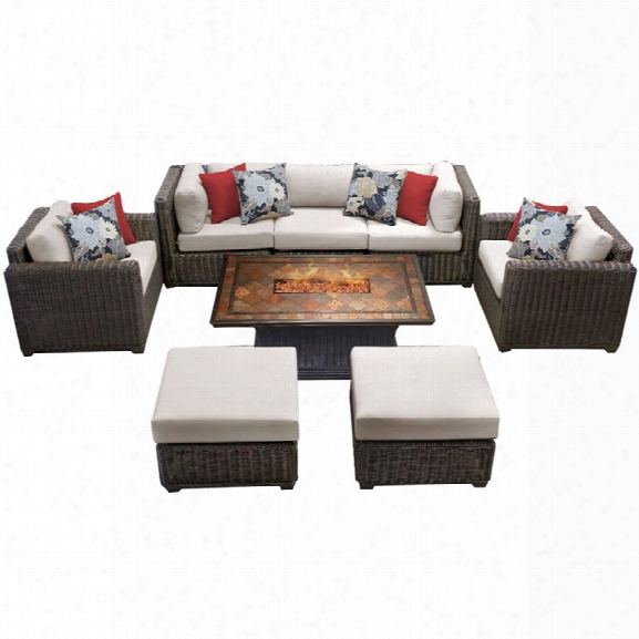 Tkc Venice 8 Piece Patio Wicker Fire Pit Sofa Set In Beige