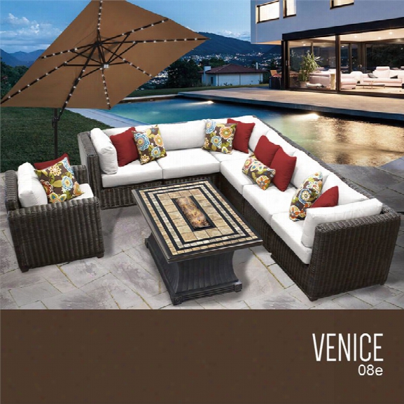 Tkc Venice 8 Piece Patio Wicker Fire Pit Sofa Set In White