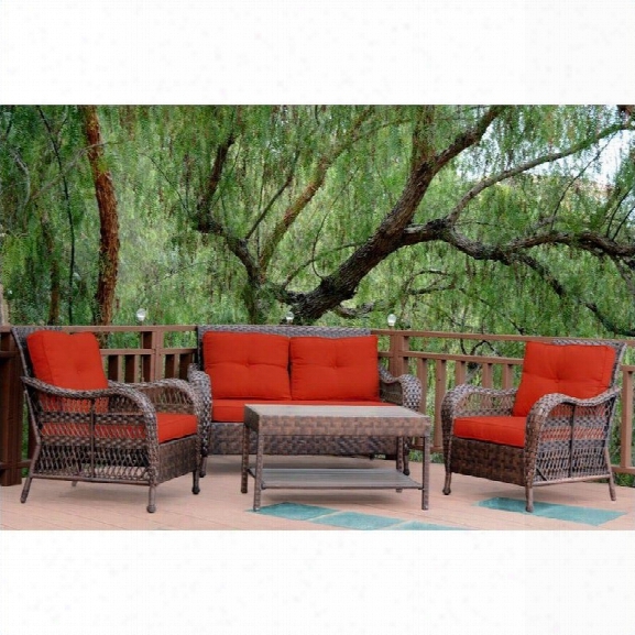 Jeco 4pc Cromwell Wicker Conversation Et In Espresso With Red Cushions