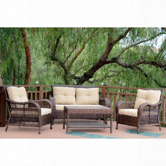 Jeco 4pc Cromwell Wicker Conversation Set In Espresso With Tan Cushions