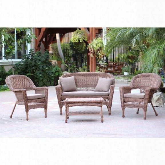 Jeco 4pc Wicker Conversation Set In Honey With Cocoa Brown Cushions