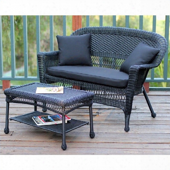 Jeco Wicker Patio Love Seat And Coffee Table Set In Black With Black Cushion