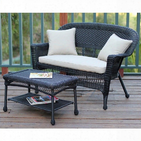 Jeco Wicker Patio Love Seat And Coffee Table Set In Black With Tan Cushion