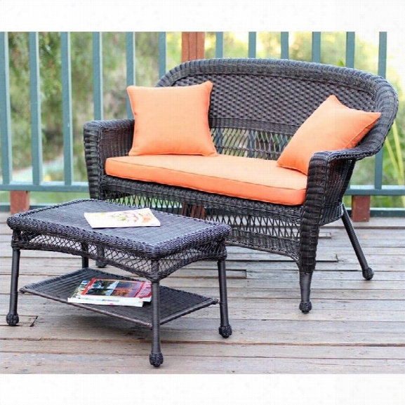 Jeco Wicker Patio Love Seat And Coffee Table Set In Espresso With Orange Cushion