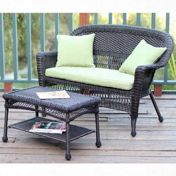 Jeco Wicker Patio Love Seat And Coffee Table Set In Espresso With Green Cushion