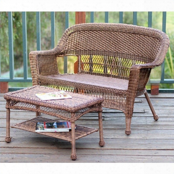 Jeco Wicker Patio Love Seat And Coffee Table Set In Honey Without Cushion