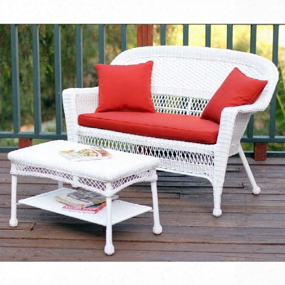 Jeco Wicker Patio Love Seat And Coffee Table Set In White With Red Orange Cushion