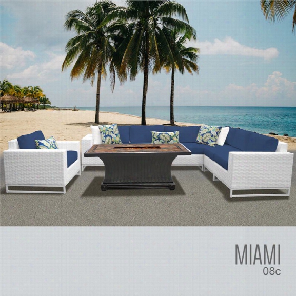 Tkc Miami 8 Piece Patio Wicker Fire Pit Sofa Set In Navy