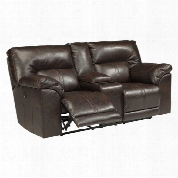 Ashley Barrettsville Leather Power Reclining Console Loveseat In Brown