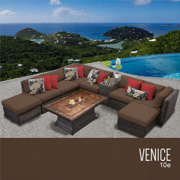 Tkc Venice 10 Piece Patio Wicker Fire Pit Sectional Set In Dark Brown