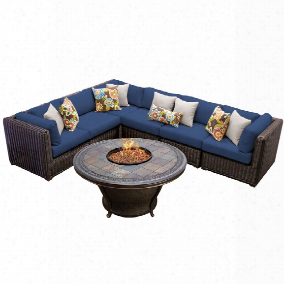 Tkc Venice 7 Piece Patio Wicker Fire Pit Sectional Set In Navy