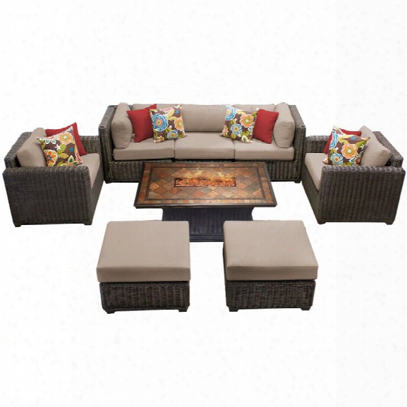 Tkc Venice 8 Piece Patio Wicker Fire Pit Sofa Set In Wheat