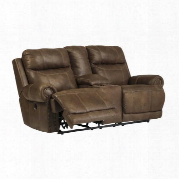 Ashley Austere Power Reclining Faux Leather Console Loveseat In Brown