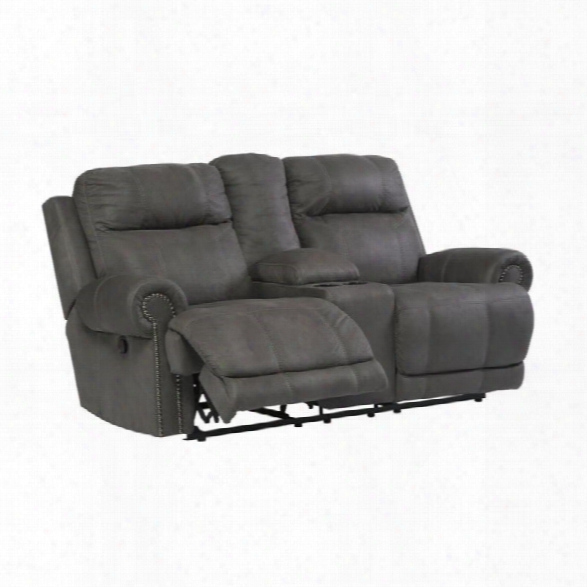 Ashley Austere Reclining Faux Leather Console Loveseat In Gray