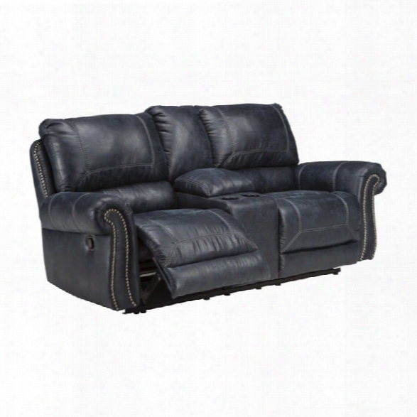 Ashley Milhaven Double Powe R Reclining Faux Leather Loveseat In Navy