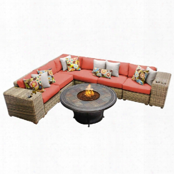 Tkc Cape Cod 9 Piece Patio Wicker Fire Pit Sectional Set In Orange