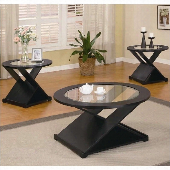 Coaster Contemporary 3 Piece Occasional Round Table Set In Rich Black