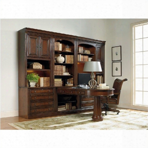 Hooker Furniture European Renaissance Computer Credenza Hutch In Rich Brown Finish With Some Physical Distressing