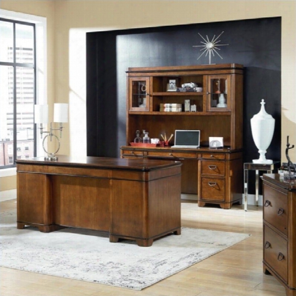 Kathy Ireland Home Executive Desk Credenza And Hutch In Warm Fruitwood