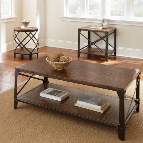 Steve Silver Company Winston 3 Piece Antiqued Metal Coffee Table Set In Distressed Tobacco