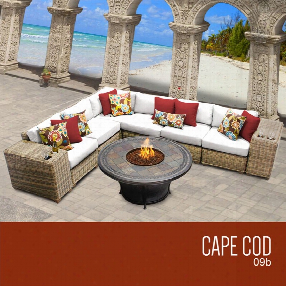 Tkc Cape Cod 9 Piece Patio Wicker Fire Pit Sectional Set In White