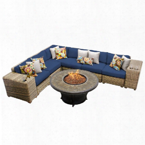 Tkc Cape Cod 9 Piece Patio Wicker Fire Pit Sectional Set In Navy