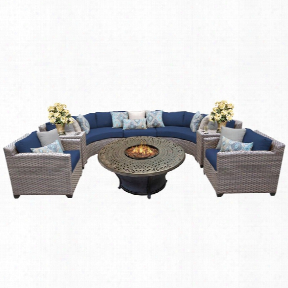 Tkc Florence 8 Piece Patio Wicker Fire Pit Sofa Set In Navy