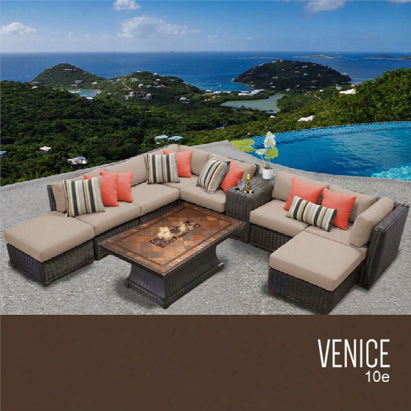 Tkc Venice 10 Piece Patio Wicker Fire Pit Sectional Set In Wheat