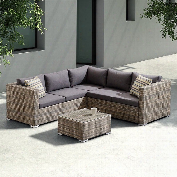 Armen Living Nina 3 Piece Patio Rattan Sectional Set In Dark Brown