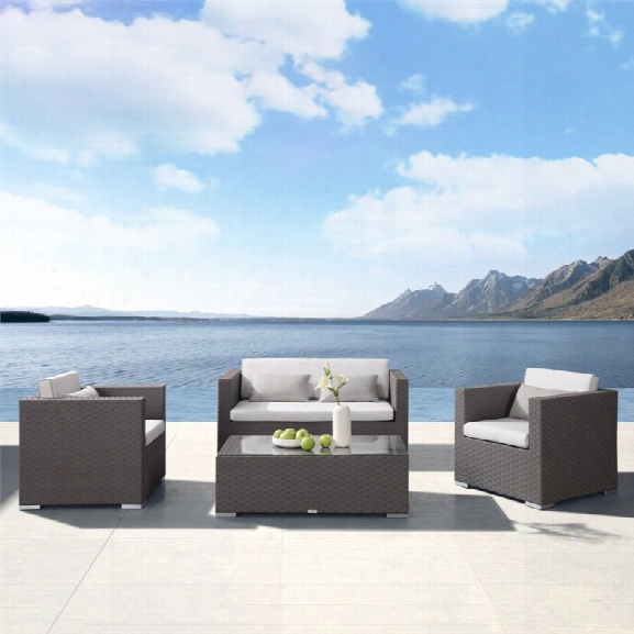 Armen Living Toronto 4 Piece Rattan Patio Sofa Set With White Cushions