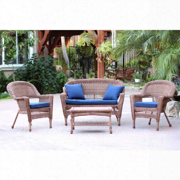 Jeco 4pc Wicker Conversation Set In Honey With Navy Blue Cushions