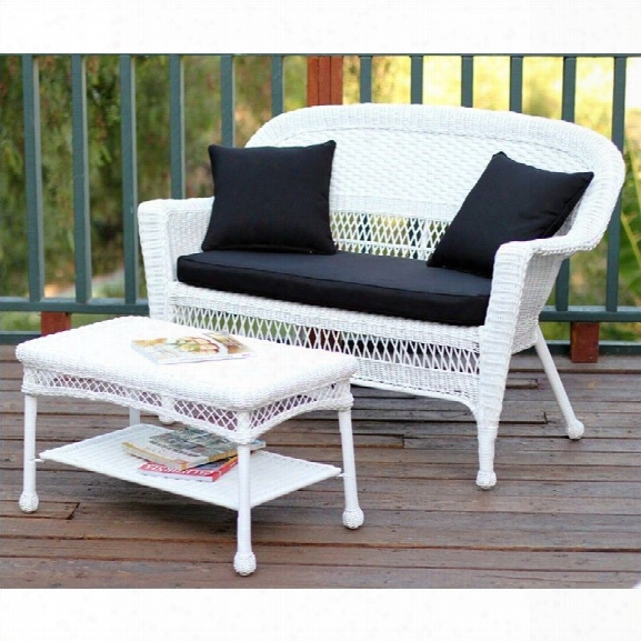 Jeco Wicker Patio Love Seat And Coffee Table Set In White With Black Cushion