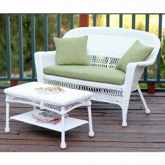 Jeco Wicker Patio Love Seat And Coffee Table Set In White With Green Cushion
