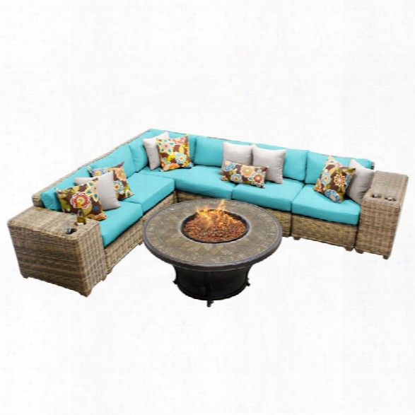 Tkc Cape Cod 9 Piece Patio Wicker Fire Pit Sectional Set In Turquoise