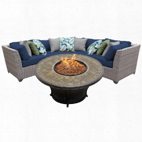 Tkc Florence 4 Piece Patio Wicker Fire Pit Sectional Set In Navy