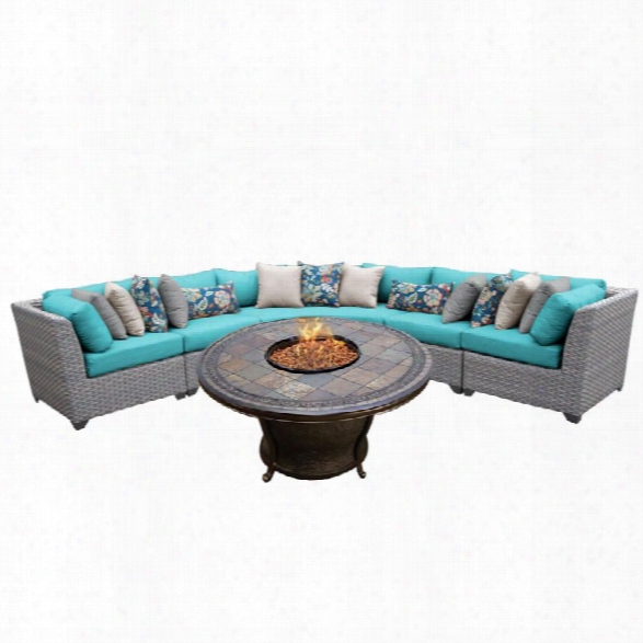 Tkc Florence 6 Piece Patio Wicker Fire Pit Sectional Set In Turquoise