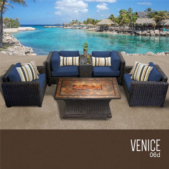 Tkc Venice 6 Piece Patio Wicker Fire Pit Sofa Set In Navy