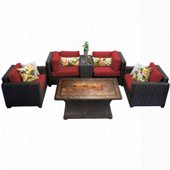 Tkc Venice 6 Piece Patio Wicker Fire Pit Sofa Set In Red